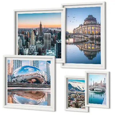 Framed photo set featuring urban landscapes, architecture, and nature