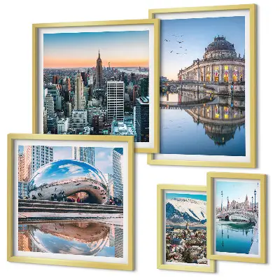 Framed photo set featuring urban landscapes, architecture, and nature