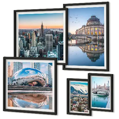 Framed photo set featuring urban landscapes, architecture, and nature