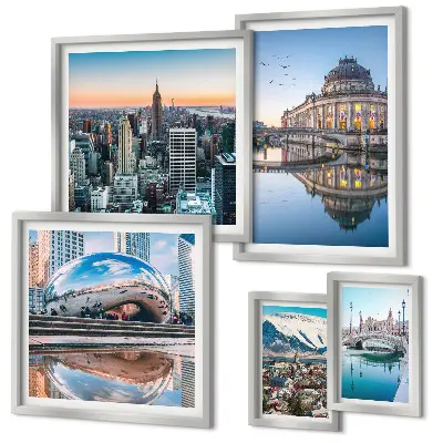 Framed photo set featuring urban landscapes, architecture, and nature