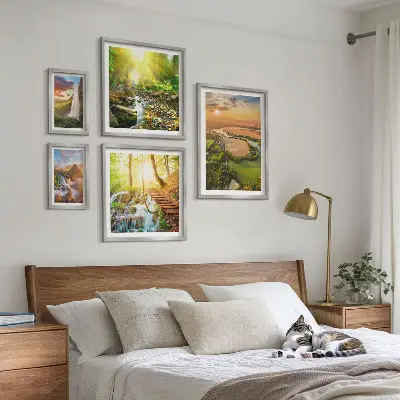 Gallery wall landscapes featuring waterfalls and valleys