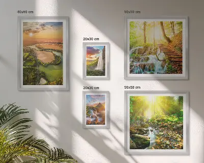 Gallery wall landscapes featuring waterfalls and valleys
