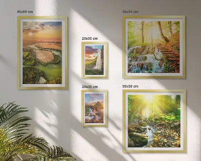 Gallery wall landscapes featuring waterfalls and valleys