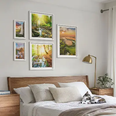 Gallery wall landscapes featuring waterfalls and valleys