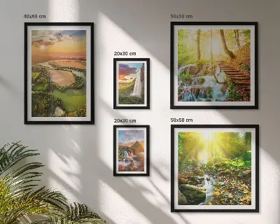 Gallery wall landscapes featuring waterfalls and valleys