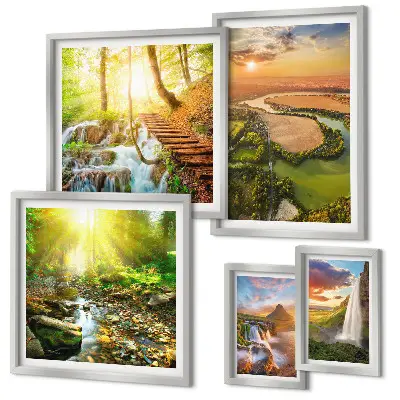 Gallery wall landscapes featuring waterfalls and valleys