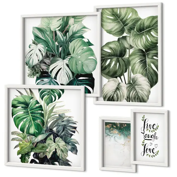 Gallery wall with plant motifs, quotes, and abstract art