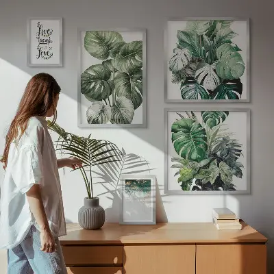 Gallery wall with plant motifs, quotes, and abstract art