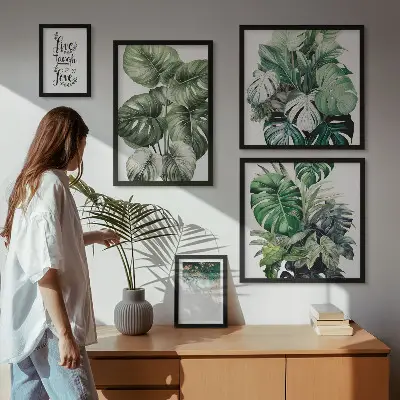 Gallery wall with plant motifs, quotes, and abstract art