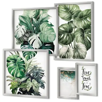 Gallery wall with plant motifs, quotes, and abstract art