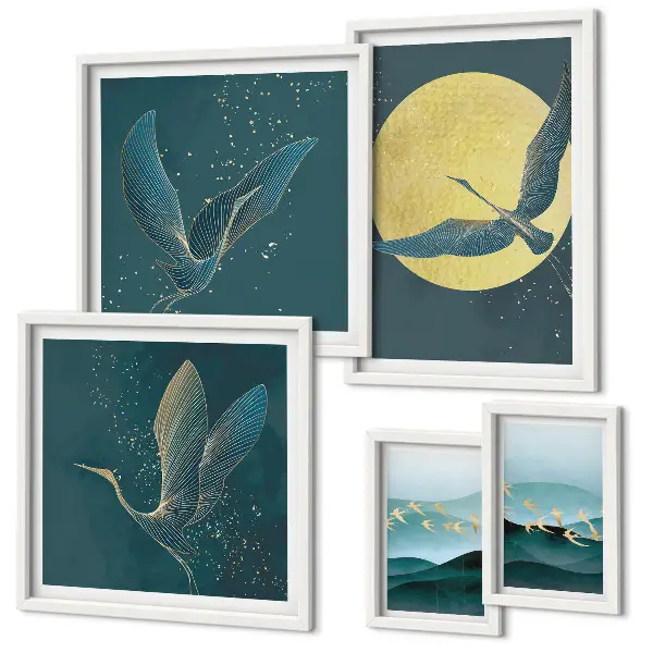 Set of 5 wall art pieces featuring a night sky landscape with birds