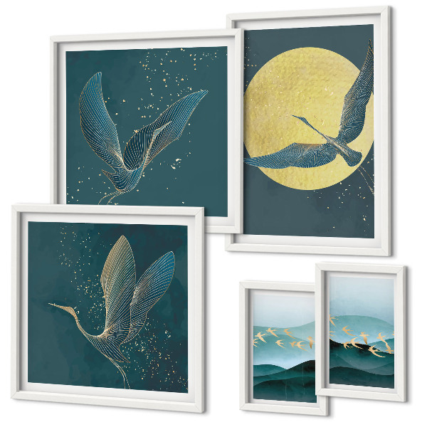 Set of 5 wall art pieces Landscapes birds night sky