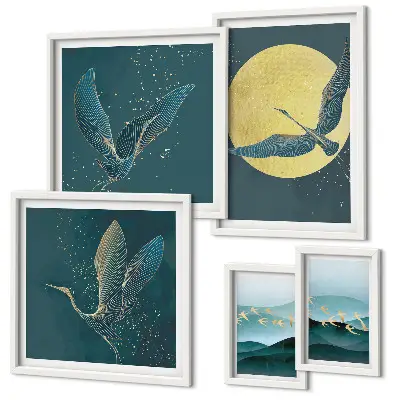 Set of 5 wall art pieces featuring a night sky landscape with birds