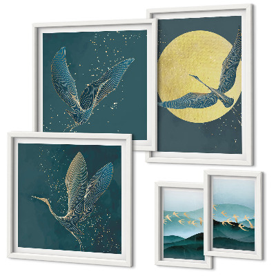 Set of 5 wall art pieces Landscapes birds night sky