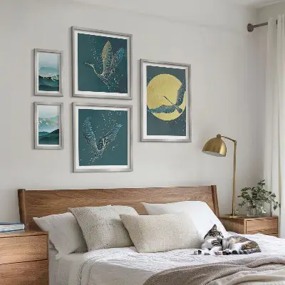 Set of 5 wall art pieces featuring a night sky landscape with birds