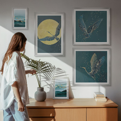 Set of 5 wall art pieces Landscapes birds night sky
