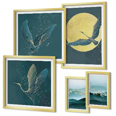 Set of 5 wall art pieces featuring a night sky landscape with birds