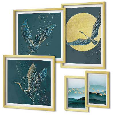 Set of 5 wall art pieces Landscapes birds night sky