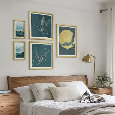 Set of 5 wall art pieces featuring a night sky landscape with birds