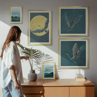 Set of 5 wall art pieces featuring a night sky landscape with birds