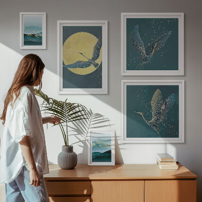 Set of 5 wall art pieces Landscapes birds night sky
