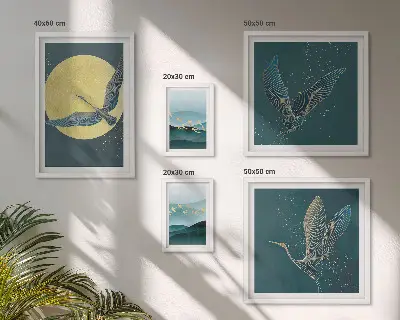 Set of 5 wall art pieces featuring a night sky landscape with birds