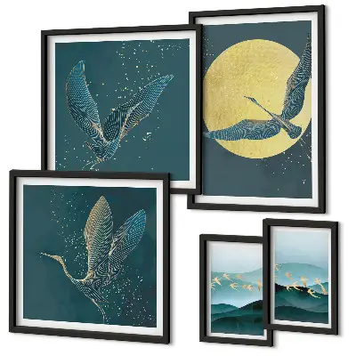 Set of 5 wall art pieces featuring a night sky landscape with birds