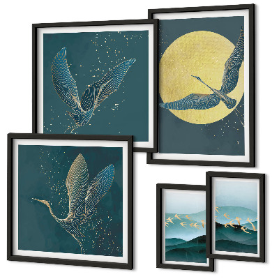 Set of 5 wall art pieces Landscapes birds night sky