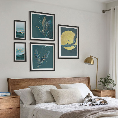 Set of 5 wall art pieces Landscapes birds night sky