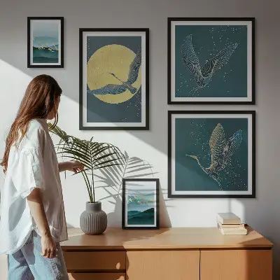 Set of 5 wall art pieces featuring a night sky landscape with birds