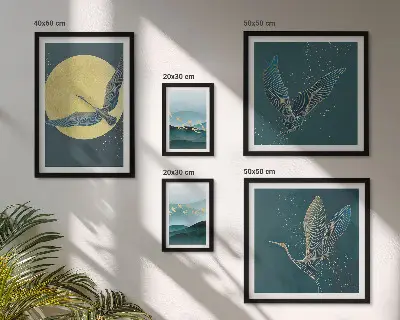 Set of 5 wall art pieces featuring a night sky landscape with birds