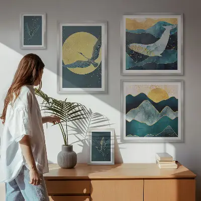 Framed photo set birds and mountains in a modern style