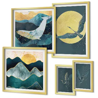 Framed photo set birds and mountains in a modern style