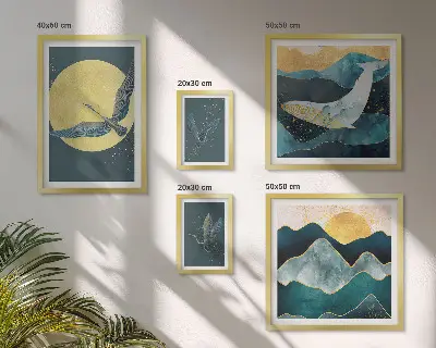 Framed photo set birds and mountains in a modern style