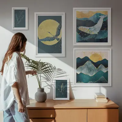 Framed photo set birds and mountains in a modern style