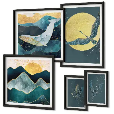 Framed photo set birds and mountains in a modern style