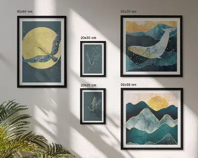Framed photo set birds and mountains in a modern style