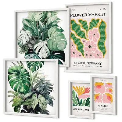Set of 5 wall art pieces with bohemian flower plant motifs