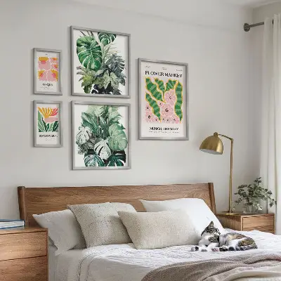 Set of 5 wall art pieces with bohemian flower plant motifs