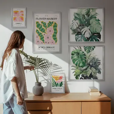 Set of 5 wall art pieces with bohemian flower plant motifs