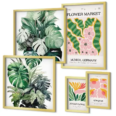 Set of 5 wall art pieces with bohemian flower plant motifs