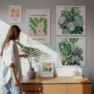 Set of 5 wall art pieces with bohemian flower plant motifs