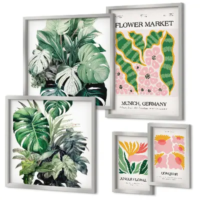 Set of 5 wall art pieces with bohemian flower plant motifs
