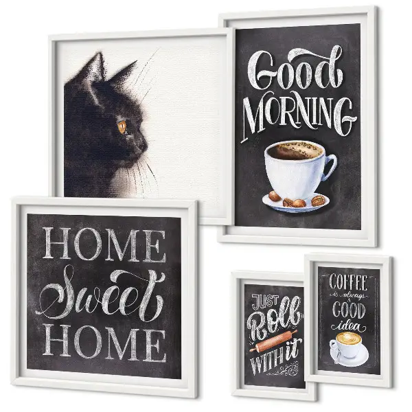 Coffee cat positive slogans framed photo set