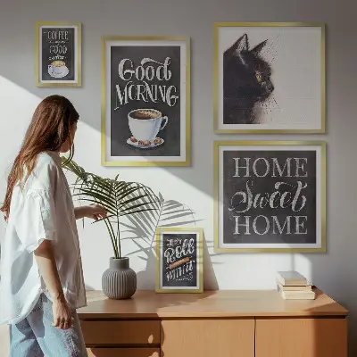 Coffee cat positive slogans framed photo set 