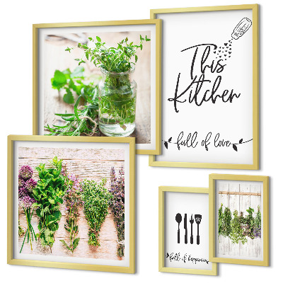 Set of 5 wall art pieces Kitchen herbs and cooking