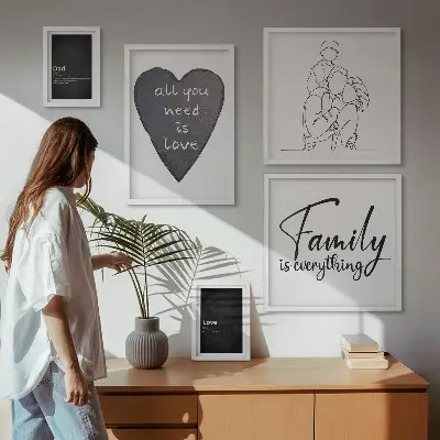 Gallery wall featuring themes of family values, love, and closeness