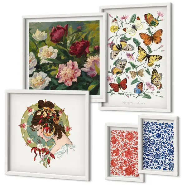 Set of 5 wall art pieces featuring vintage flowers and butterflies