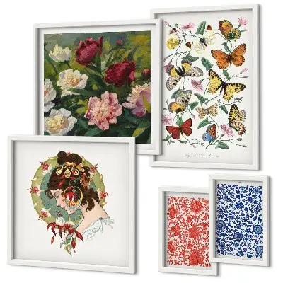 Set of 5 wall art pieces featuring vintage flowers and butterflies