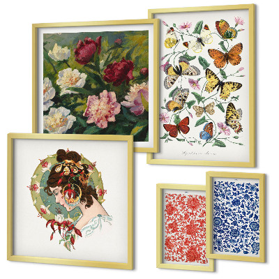 Set of 5 wall art pieces Flowers butterflies vintage decorations